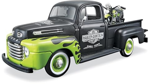 Maisto Ford F-1 Pickup ´48 FL Panhead ´48: Originaltrogen modellbil med motorcykel 1:24, dörrar att öppna, färdig modell, 18 cm, svart-grön (532171)