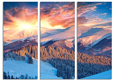 Paul Sinus Art 130x90cm – Keilrahmenbild Winter Sonnenaufgang farbenfroh Sonnenstrahlen 3teiliges Wandbild auf Leinwand und Keilrahmen - Fotobild Kunstdruck Artprint