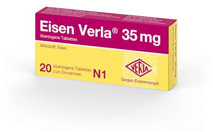 Eisen Verla 35 mg – Gut verträgliche, überzogene Tabletten bei Eisenmangel, zweiwertiges Eisen (Fe2+) für gute Bioverfügbarkeit, individuell dosierbar und geschmacksneutral, 20 St