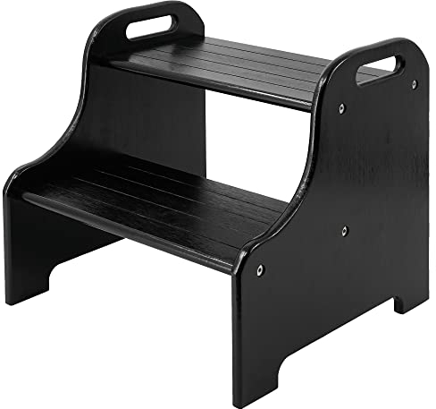 VaeFae Bamboo 2 Step Stool with Non-Slip Step Treads and 2 Cutout Handles (Black)