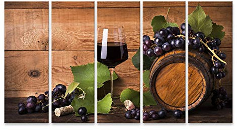 islandburner Image sur toile Composition calice vin rouge raisins feuilles vertes fûts en bois nature morte baril murale salon maison bureau chambre images GCPV-5Px