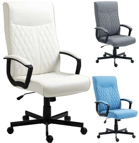 Vinsetto Silla de Oficina Giratoria Silla de Escritorio Basculante Tapizado en PU con Respaldo Alto y Altura Ajustable para Salón Oficina Carga 120 kg 65x72x102-112,5 cm Blanco Roto