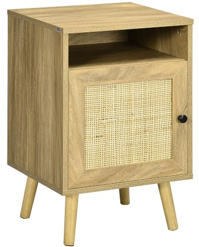 HOMCOM Mesita de Noche con Puerta de Ratán Antivuelco 39x35x60 cm Natural | Mesilla de Noche, Compartimiento Abierto, Mesa Auxiliar, para Dormitorio Salón