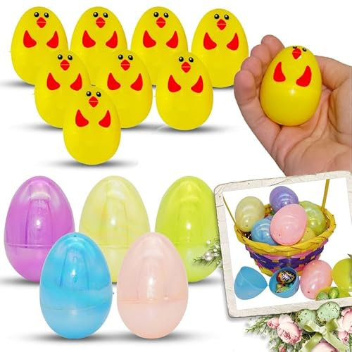 HOVUK 13PCs Easter Iridescent Eggs with Chick Fillable Eggs - Colourful Easter Eggs Bulk, Plastic Surprise Eggs to Fill with Toys Chocolate, Springtime Party Gift for Kids