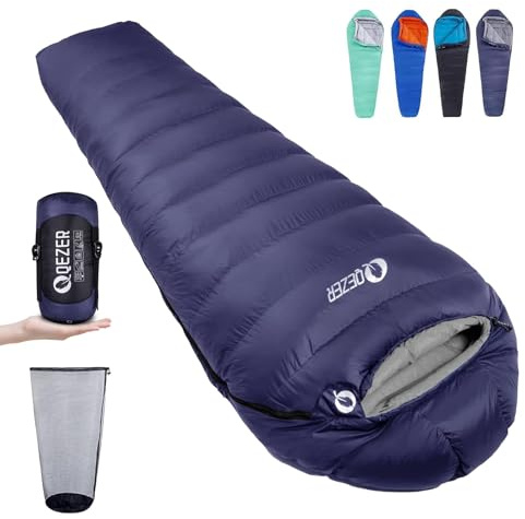QEZER Daunenschlafsack Winter Daunen Schlafsack Outdoor 0°C bis -23°C für Erwachsener und Kind Alle Jhreszeiten Camping (Blau)