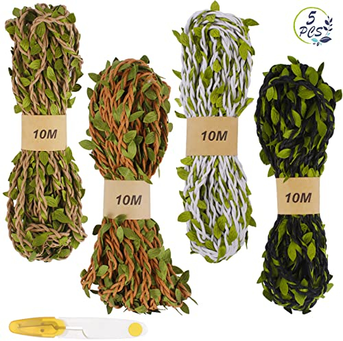 Nswayy Ficelle de Vigne Naturelle, 4 Rouleaux Lierre Artificiel Guirlande avec 1 Ciseaux, Ficelle de Jute avec Feuille, Couronne de Lierre pour Bricolage, Emballage Cadeau, Mariage(4 Couleurs)