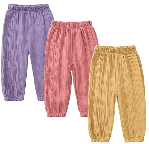Kids Tales 3 Pack Boys Girls Cotton Linen Pants Child Basic Plain Solid Trousers Big Kids Elastic Waist Long Pants Bloomers