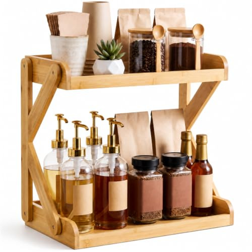 AVLA 2-Tier Coffee Station Organizer, Bamboo Kitchen Counter Shelf, Countertop Spice Condiment Rack Syrup Storage Holder, Tea Station Stand for Coffee Bar Accessories, Office, Home, Desktop