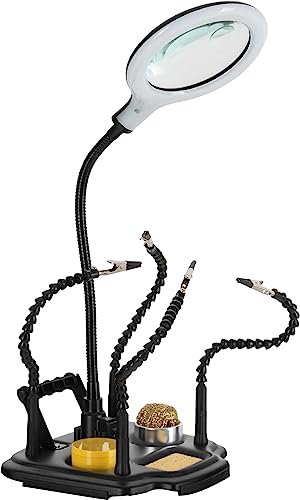 Stagecaptain LH-440 Ayuda para Soldar con Lámpara Lupa, brazos flexibles con pinzas cocodrilo, lupa flexible (3/12 dioptrías) con LED e limpiador de punta para manualidades y soldadura.