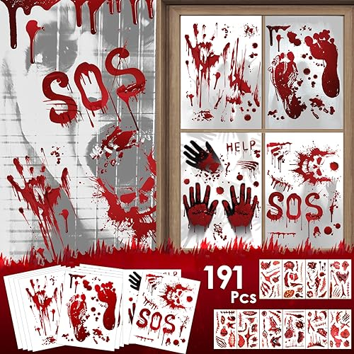 AhfuLife 191PCS 10 Sheets Large Halloween Scary Decorations Window Stickers 37 x 29cm & 10 Sheets Bloody Scar Temporary Tattoo, Bloody Handprint Footprint Scar Tattoo Stickers for Halloween Party