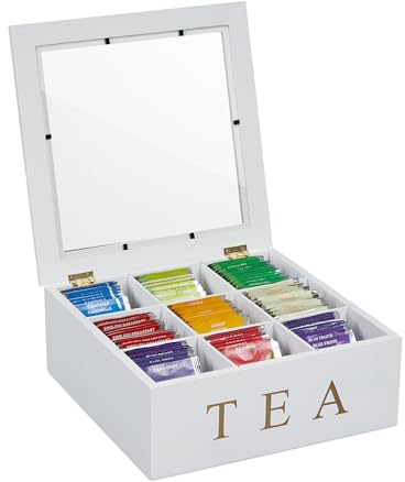 Relaxdays Scatola Porta tè, Organizer Cassetti 9 Scomparti, 9x23,5x23,5 cm, Tea Box con Coperchio, in bambù, Bianco Oro, 9 x 23.5 x 23.5 cm