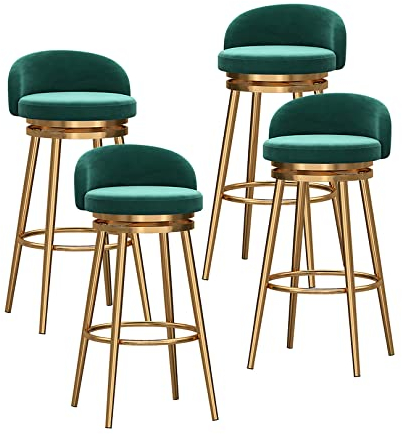 CUNTO Moderne Samt-Barhocker im 4er-Set, gepolsterte Barhocker für die Küchentheke mit niedriger Rückenlehne, bequemer hoher Barstuhl für die Küche mit goldenen Metallbeinen, grün