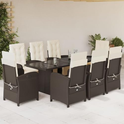 Gecheer 9-TLG.Garten Essgruppe Gartenmöbel Set 8 Personen,Sitzgruppe Gartengruppe Gartentisch mit Glas-Tischplatte & 8 Stühle Terassenmöbel,Gartengarnitur für Garten Terrasse Kissen Poly Rattan