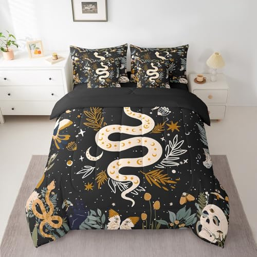 Erosebridal Boho Snake Comforter Set Full 7 Piece Galaxy Sun Moon Stars Bed in A Bag for Kids Adults,Gothic Butterfly Moth Skull Bedding Set Bohemian Animal Botanical Sheet Set with Comforter