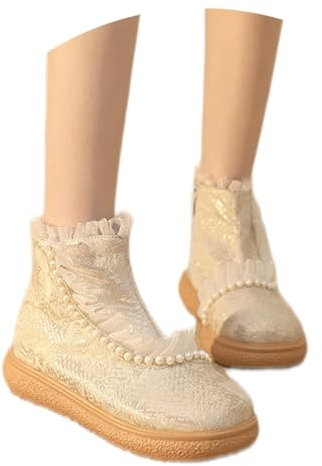 LDXEQIZ Women's Platform Ankle Boots Elegant Ankle Boots With Floral Embroidery + Pearls Warm Plush Lined Short Boots Autumn Winter Booties With Zipper Ankle Shoes(Beige,6.5 UK)