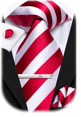 Hi-Tie Seidenkrawatten für Herren, Rosa, Blau, Schwarz, Herren-Krawatten-Set, Krawatte, Einstecktuch, Manschettenknöpfe, Clip-Anstecknadel für Hochzeit, 4 Stück, Rot / Weiß, M