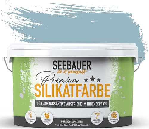 SEEBAUER diy Silikatfarbe Hellblau 2,5L für Innen (No. 824 Thistle Blue) Atmungsaktive Mineralfarbe für Allergiker - Abwaschbare Wandfarbe - Blautöne hohe Deckkraft