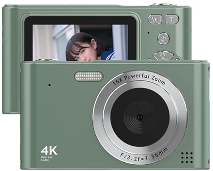 Appareil Photo Numérique 4K, Caméra Vidéo 48 MP, Zoom 16X, écran 2,4 Pouces, Batterie Flash Intégrée, pour Enfants, Adolescents et Débutants (Vert)