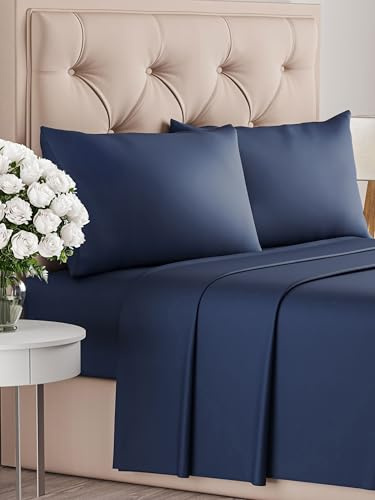 Juego de sábanas 4 piezas - sábana ajustable 150x200, sábana encimera 270x260, 2 fundas de almohada 50x80 - microfibra poliéster suave y duradera - apto colchones hasta 35 cm - OEKO-TEX - Azul marino