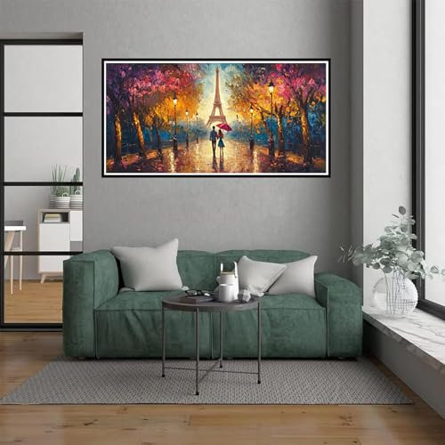 Paar Malen Nach Zahlen Erwachsene, malen nach zahlen kinder Eiffelturm DIY Handgemalt Ölgemälde Kit für anfänger und Erwachsene Mit 3 Pinseln und acrylfarbe, Herbst deko Schlafzimmer, 100x300cm