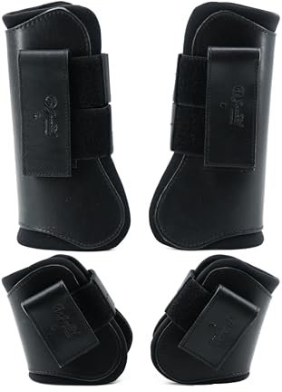 Jeereal Gamaschen für Pferdesehnen, vorne offen, Schutzausrüstung und Trainingsausrüstung, Neopren, atmungsaktives, wasserdichtes Gewebe und echtes Leder, 4er-Set (Schwarz, Pony (klein)