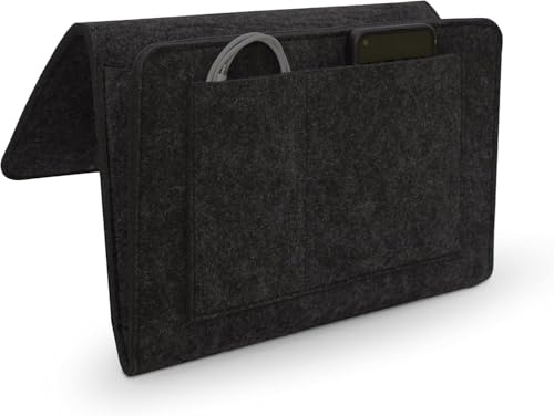 Filz Betttasche, 20×32cm Einhängetasche mit 5 Fächer, Sofa Organizer, Nachttisch Tasche Anti-Rutsch, für Buch, Handy, Brille, Fernbedienung (Schwarz)