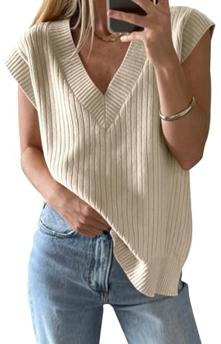 Saodimallsu Jersey de cuello en V para mujer, chaleco de gran tamaño, sin mangas, ligero, jersey de punto de verano, elegante, beige, XXL