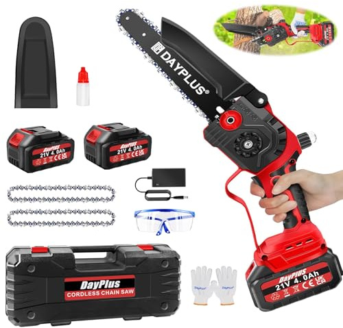 Chainsaw Cordless 8 Inch with2x4000mAH Battery, Powerful Electric Chainsaw with 2 Chains and Security Lock,Handheld Small Chain Saw for Wood Cutting Tree Trimming Gardening,Red