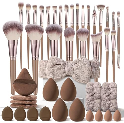 HGHDBT 44Pcs Brown Makeup Brushes Set Professional Makeup Kit Multi-functional Makeup Tool Set with Facial Makeup Accessories, Foundation Makeup Brush Kit Eye and Face Make up Brushes & Tools