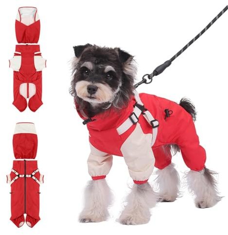 PETCUTE Hunde Regenmantel,Wasserdichter Hunde-Regenjacke mit Integriertem Geschirr,Abnehmbare Kapuze,Leicht, Doppellagig,4-Beine Haustier Poncho für kleine Mittelgroße und große Hund und Welpen,S