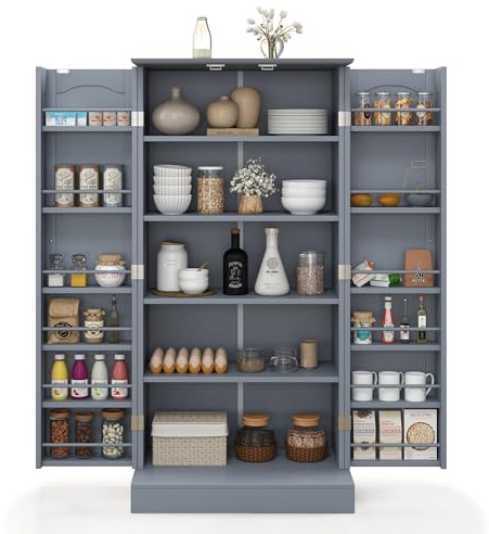 TANGZON Kitchen Cupboard, Kitchen Pantry Cabinet with Doors & Adjustable Shelves, Space Saving Larder Storage Cupboard Organiser for Dining Room Living Room Entryway (Grey, 60 x 40 x 120cm)