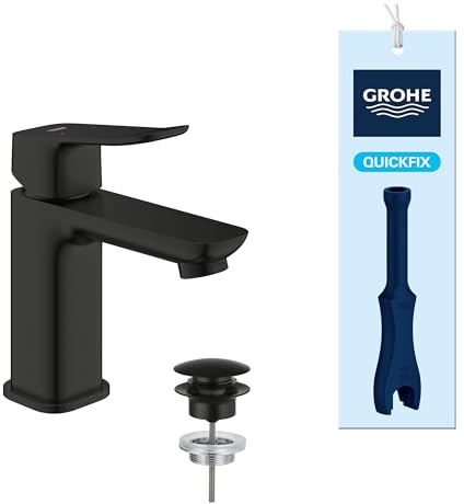 GROHE Dice, Waschtischarmatur, wassersparend (Wasserhahn für das Bad, Badarmatur mit Push-Open Ablauf, 15cm hoch, mit 3in1 Werkzeug, einfache Installation am Waschbecken), mattschwarz, 1018572430