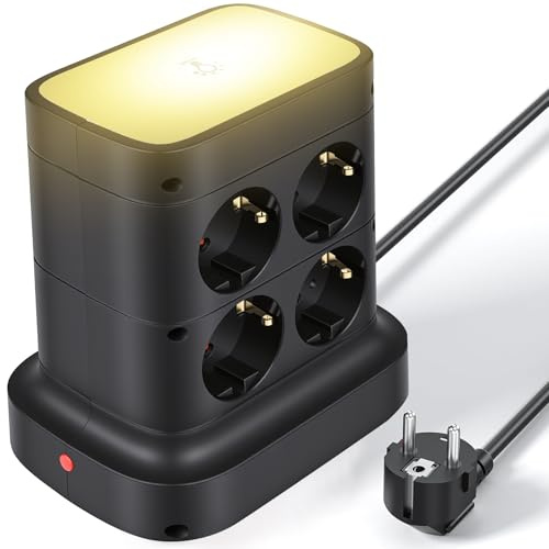 Glovios Torre Regletas Enchufes, Regleta USB 7 Tomas de AC y 4 USB Enchufe Multiple,con LED Ajustable,2500W/10A,Regleta Enchufes Proteccion Sobretension, 2M Regreltas Vertical con Interruptor