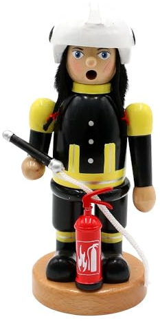 Dekohelden24 Holz Räuchermann, Rauchfigur, Räuchermännchen Feuerwehr, Räucherfrau, Feuerwehrfrau mit Feuerlöscher, schwarz mit Helm, L/B/H 9 x 9 x 19 cm.