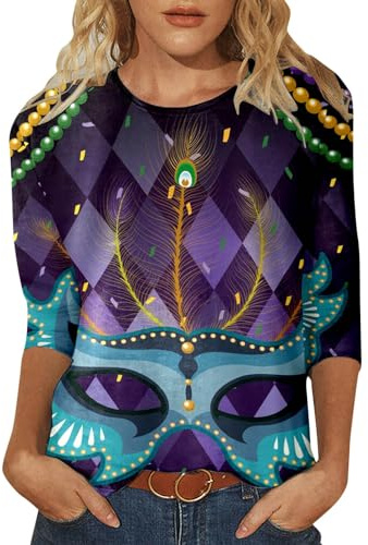 T-shirt à col rond pour femme - Motif couronne de plumes - Mardi - Manches 3/4 - Décontracté - Décontracté, bleu, XXL