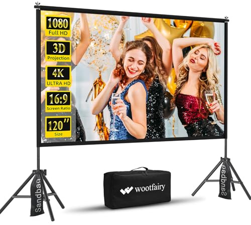 Projector Screen with Stand, Wootfairy 120 inch Portable and Foldable Indoor Outdoor Projection Screen 16:9 4K HD Rear Front Wrinkle-Free Movie Screen with Carry Bag for Home Theater Backyard Cinema
