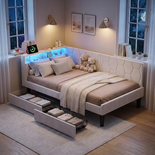BRILVERDE Boxspringbett 90 x 200 cm mit 2 Schubladen, gepolstertes Bett mit LED-Licht/USB, mit Kopfteil, mit Lattenrost, Samt (Beige, 90 x 200 cm)