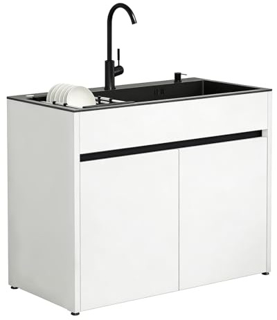 Meuble Évier avec Vasque en Acier Inoxydable Noir pour Buanderie et Garage, armoire de rangement en aluminium alvéolaire avec robinet, distributeur de savon et panier amovible, étanche et réglable