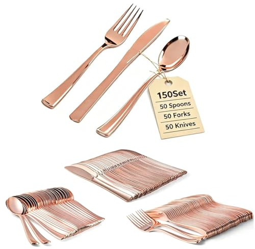 150 Elegant Rose Gold Plastic Cutlery Set（50 Knives, 50 Forks, and 50 Spoons） Hand Washable and Reusable Heavy Duty Tableware for Weddings Birthday Party and Events (150, Rose Gold)