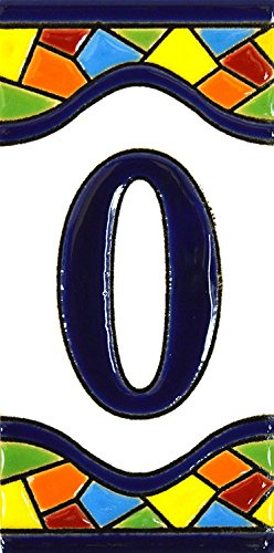Números casa. Letreros con numeros y letras en azulejo de ceramica policromada, pintados a mano en técnica cuerda seca para placas con nombres, direcciones y señaléctica. Texto personalizable. Diseño MOSAICO MEDIANO 10,9 cm x 5,4 cm. (NUMERO CERO 0)