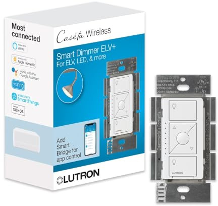 Lutron Caseta Original Smart Dimmer Switch ELV+ (Lutron Hub Required), 250W LED, Single-Pole/3-Way, Neutral Required, PD-5NE-WH, White