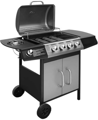 vidaXL Gasgrill mit 4 Brennern 1 Seitenbrenner BBQ Grill Standgrill Grillwagen Grillstation Gartengrill Wagengrill Barbecue Schwarz Silbern