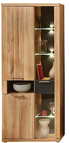 Stella Trading Bianco Große Vitrine teil-massiv aus Wildeiche - Moderne Glasvitrine inkl. LED Beleuchtung - 80 x 199 x 37 cm (B/H/T)