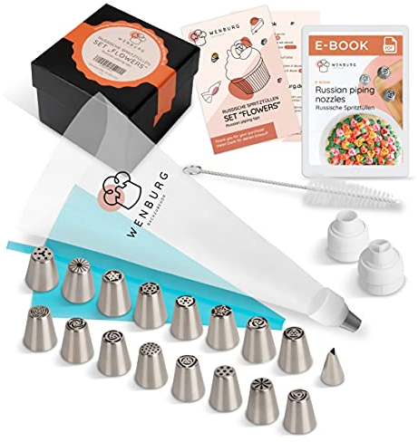 Wenburg Facile da Usare Set Beccucci Sac a Poche | Versatile 43 Pezzi | 16 Beccucci Russi Fiori | 1 Bocchett a Foglia | 2 Adattatore | 20 Sac a Poche Monouso | 1 Sac a Poche Silicone (Blumen II)