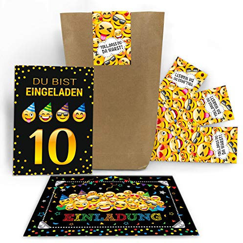 Junaversum 12 Einladungskarten 10. Geburtstag Kinder zehnte Kindergeburtstag Mädchen Jungen incl. 12 Umschläge, 12 Tüten/natur, 12 Aufkleber