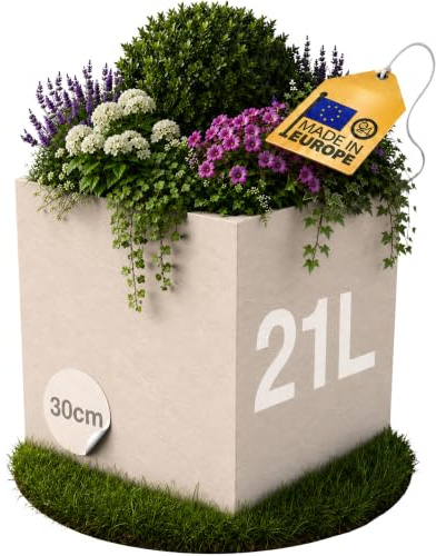 Ondis24 Pflanzkübel Vulkan, 21L Pflanzvolumen, quadratisch, Blumenkasten mit Wasserspeicher, Balkon Outdoor, Blumenkübel (Leinen)