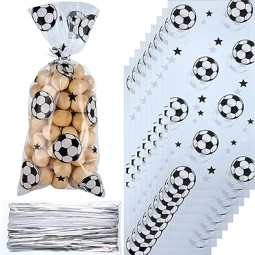 100 Stücke Fußball Party Bevorzugungen Tasche Heißsiegelbare Leckerbissen Bonbon Tüten Fußball Geschenke Tüte Fußball Geschenktüten mit 100 Stücke Silber Krawatten