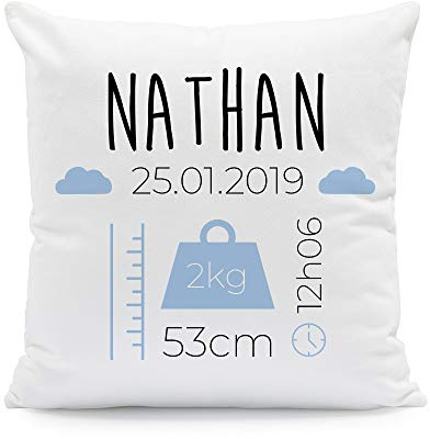 CADEAUX.COM - Coussin Personnalisé Informations Naissance - Bleu - Coussin 40x40 cm avec Prénoms Personnalisables - Cadeau Naissance