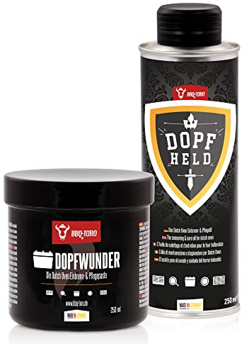 BBQ-Toro Dutch Oven Pflege Set mit DOPFWUNDER Pflegepaste 250 ml und DOPFHELD Pflegeöl 250 ml | Pflege von Gusseisen Grillzubehör | Einbrennpaste auch für Grillrost, Grillplatte, Grillpfanne und mehr