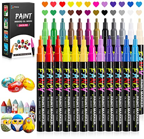 Stylos De Peinture Acrylique, Emooqi Marqueur de Feutre Peinture Imperméable Permanent 24 Couleurs, Stylos Acryliques à Base d'Huile à Séchage Rapide Pour Pierre,Céramique, Pneu, Bois, Album Phot